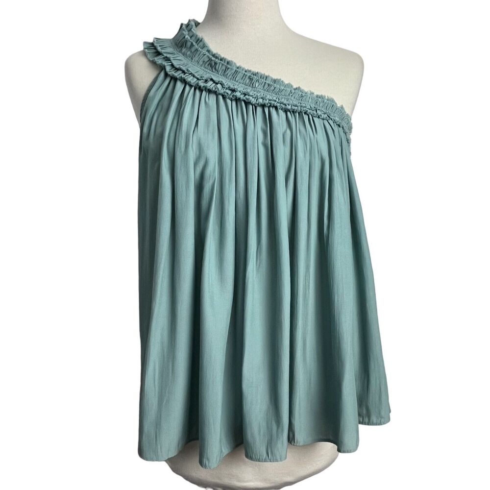 DO+BE One Shoulder Smocked Ruffle Green Top Women's Size Small
